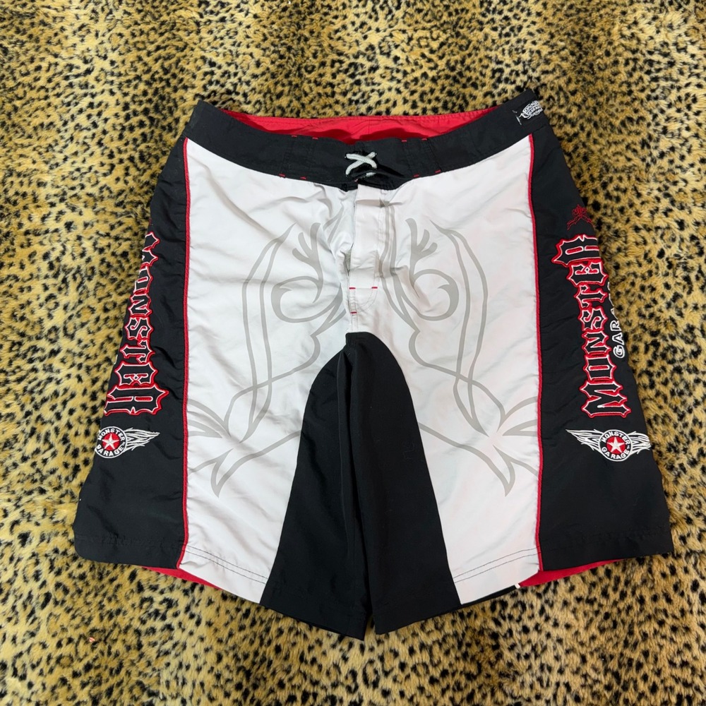 Monster Garage Board Shorts Mens 38 Black Red White Y2K Tribal Swim Trunks 2000s